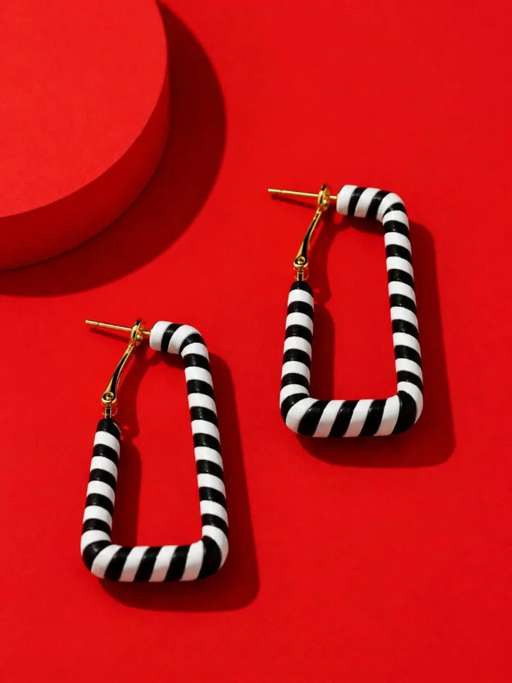 Black White Striped Geometric Earrings, Statement Mod Art Deco Retro, Pierced - Picture 3 of 5